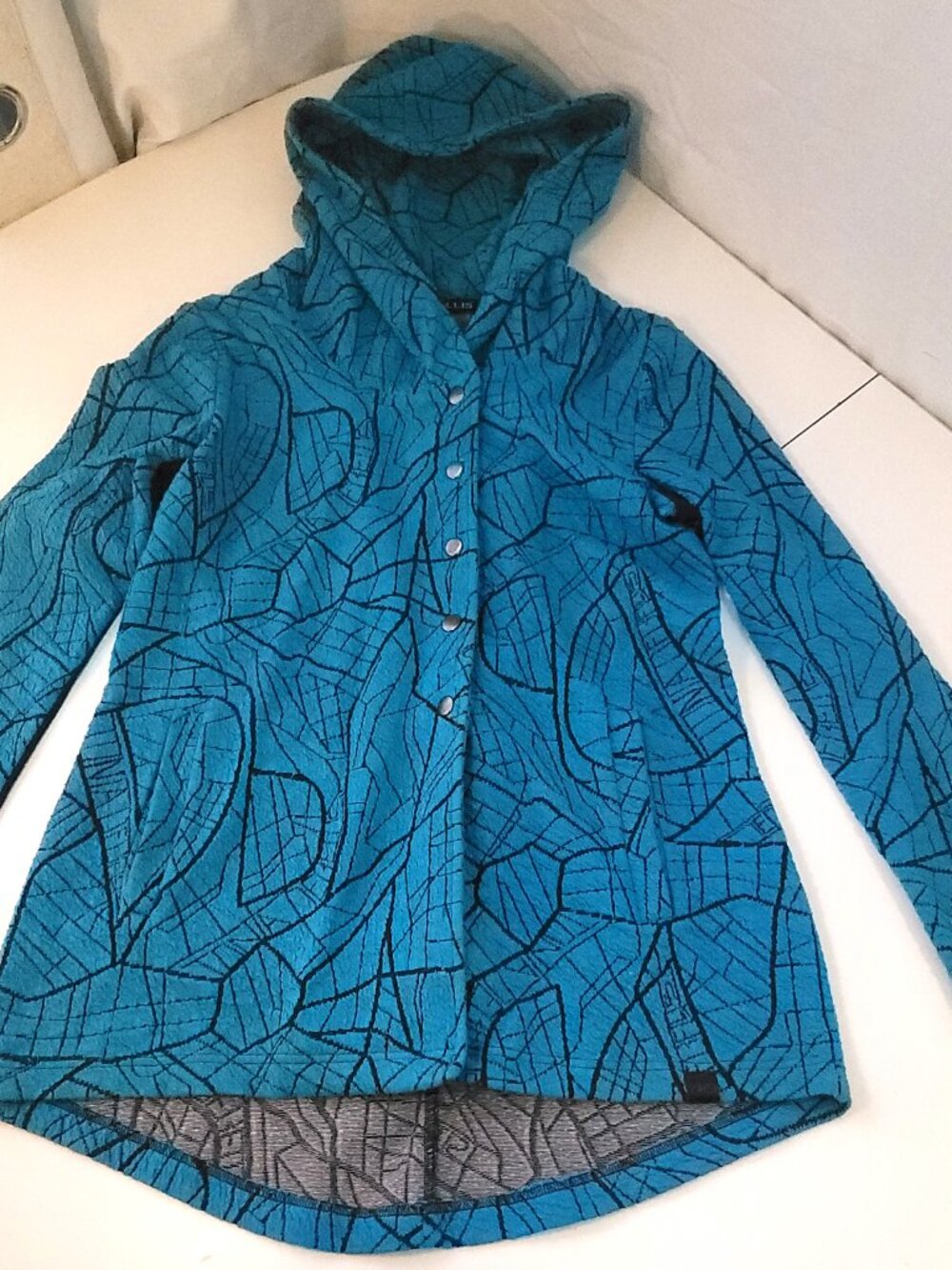 Tonia DeBellis Canada Teal Crackle Jacquard Knit Hooded Jacket Coat Small